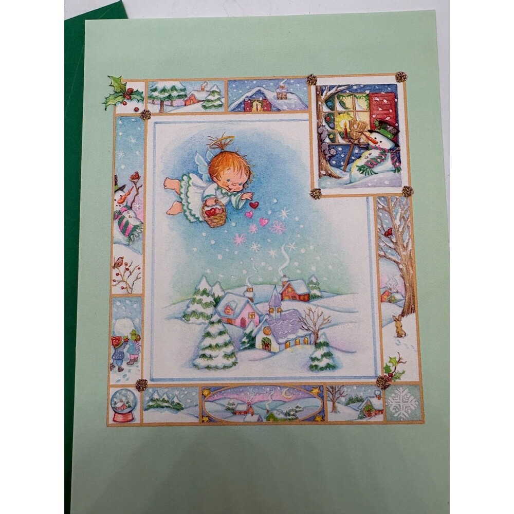 Hallmark Katybeth Christmas Card Angel Snowman Village Scene Unused PX 597-4